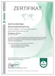 DEKRA Zertifikat - Zertifikat Wolfgang Zöllner - zertifizierter Sachverständiger Installation und Heizungsbau München
