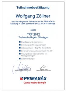 Zertifikat Wolfgang Zöllner - zertifizierter Sachverständiger Installation und Heizungsbau München