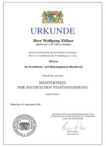 Meisterpreis_neu Urkunde Sachverstand.eu Wolfgang Zöllner in Landsham - zertifizierter Sachverständiger für das Installateur- und Heizungsbauergewerk Oberbayern
