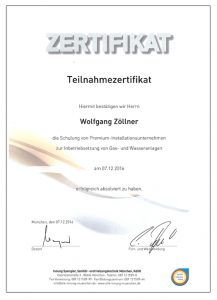 SHK Premium Installationsunternehmen - Zertifikat Wolfgang Zöllner - zertifizierter Sachverständiger Installation und Heizungsbau