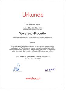 Weishaupt Wärmepumpen Zertifikat Wolfgang Zöllner - zertifizierter Sachverständiger Installation und Heizungsbau