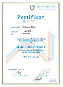 Zertifikat als Elektrofachkraft für festgelegte Tätigkeiten im SHK-Handwerk